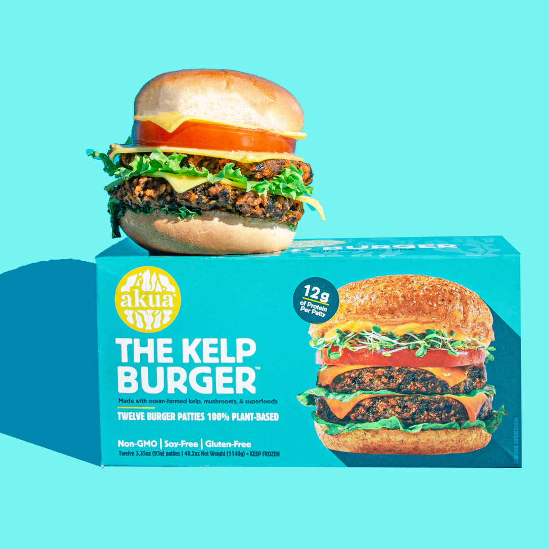 Stacked kelp burger sitting on top of its box