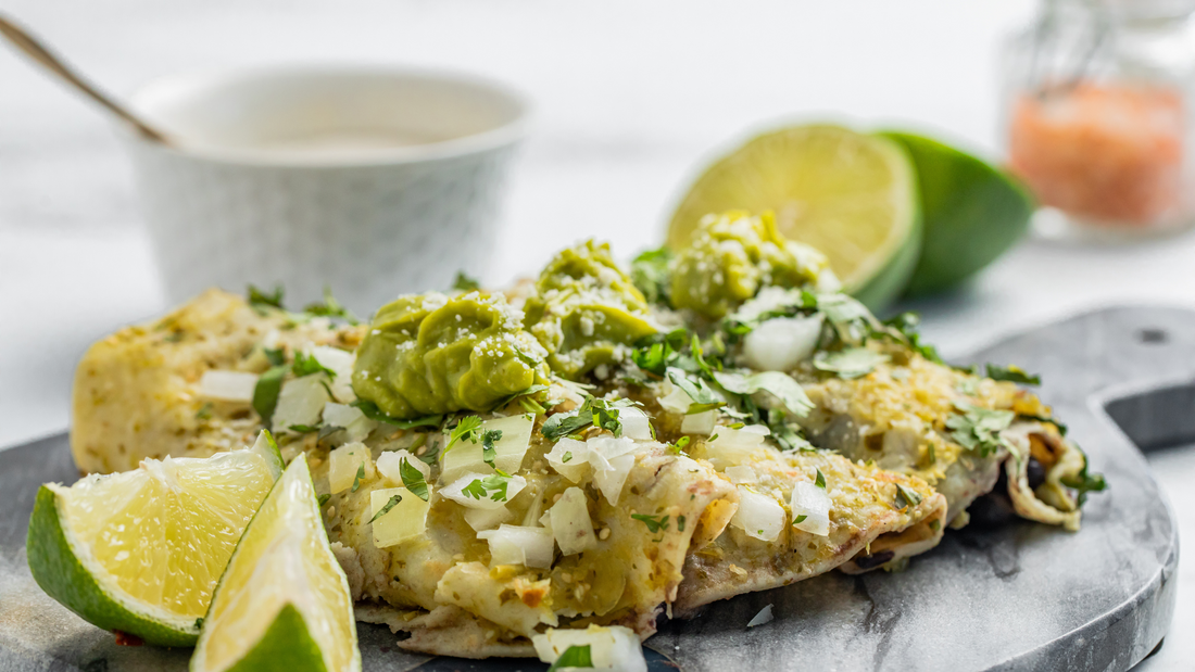 Tasty-looking Kelp enchiladas covered with loads of guacamole and lime