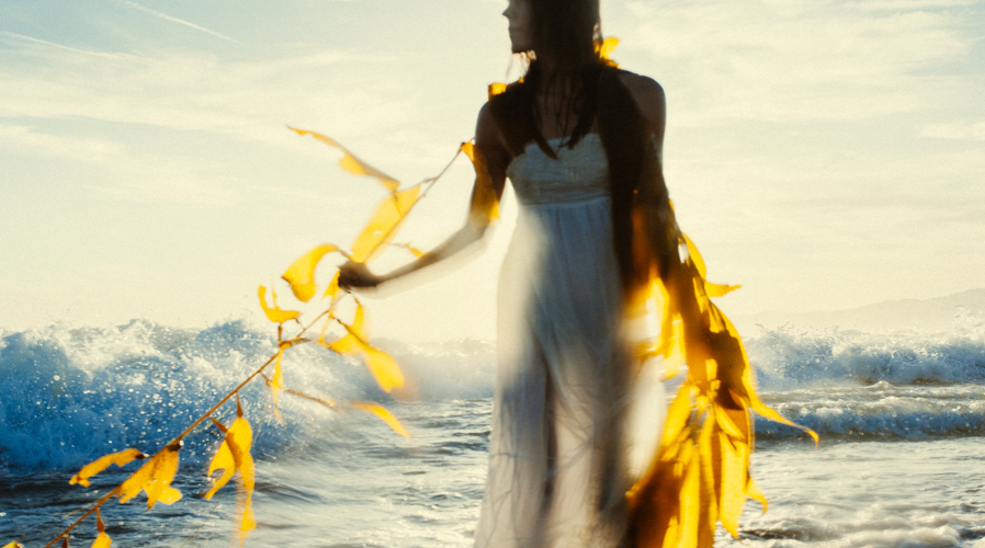 Woman walking along a beach holding large kelp fronds and wearing a white dress