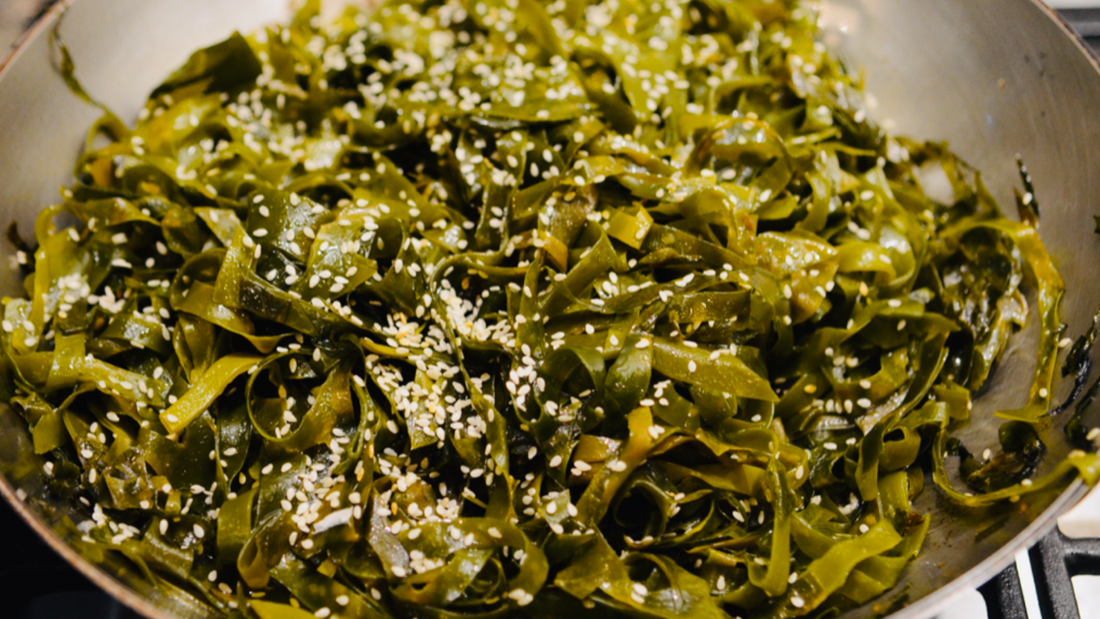 Close-up of kelp pasta with sesame seeds