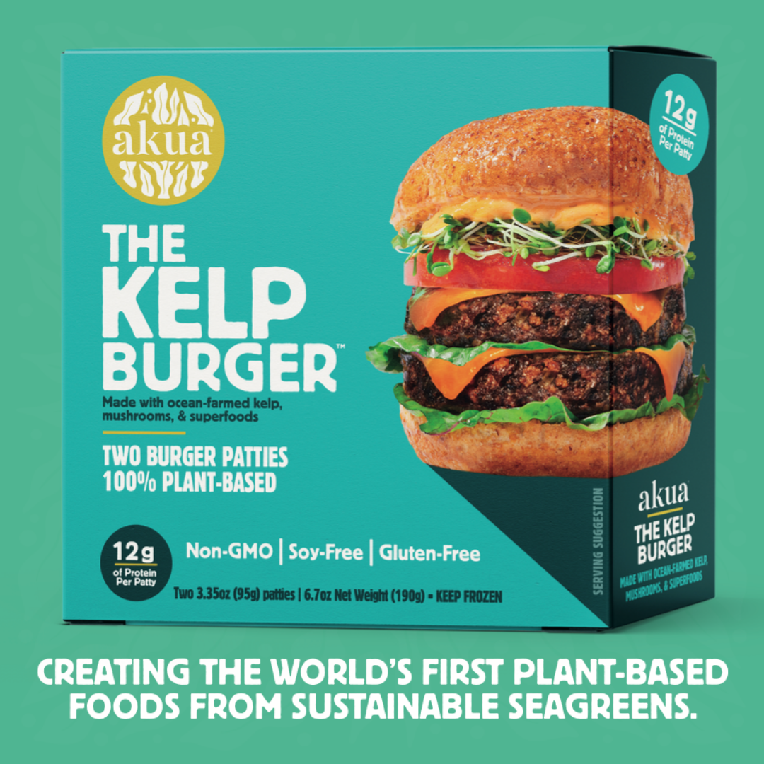 two-pack box of the kelp burger captioned 'Creating the world's first plant-based foods from sustainable seagreens.'