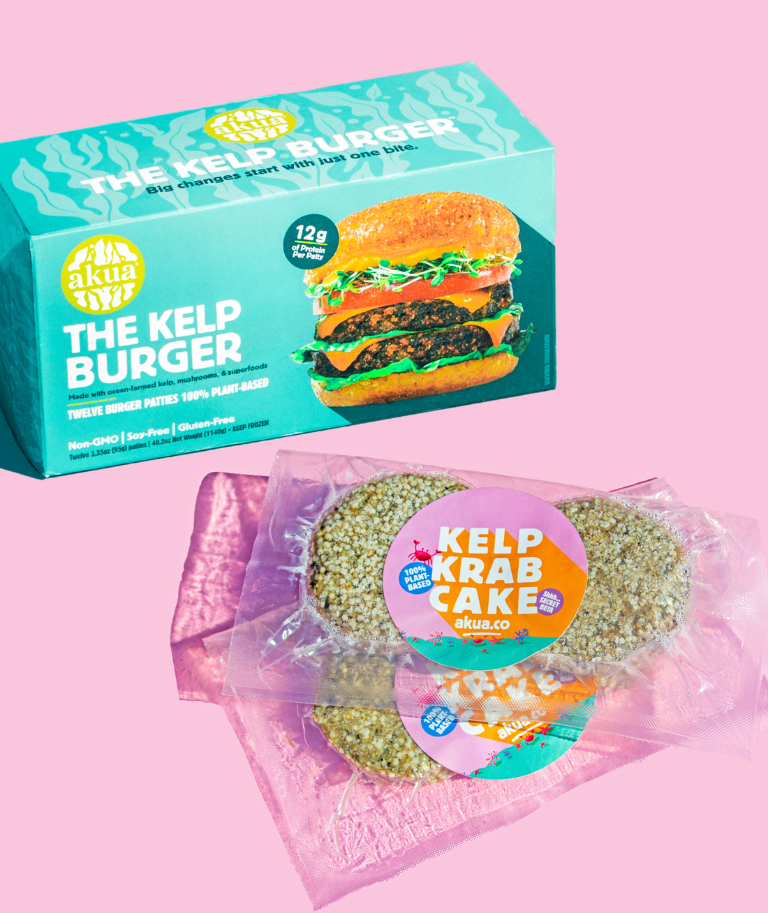 kelp burger box next to packets of kelp krab cake